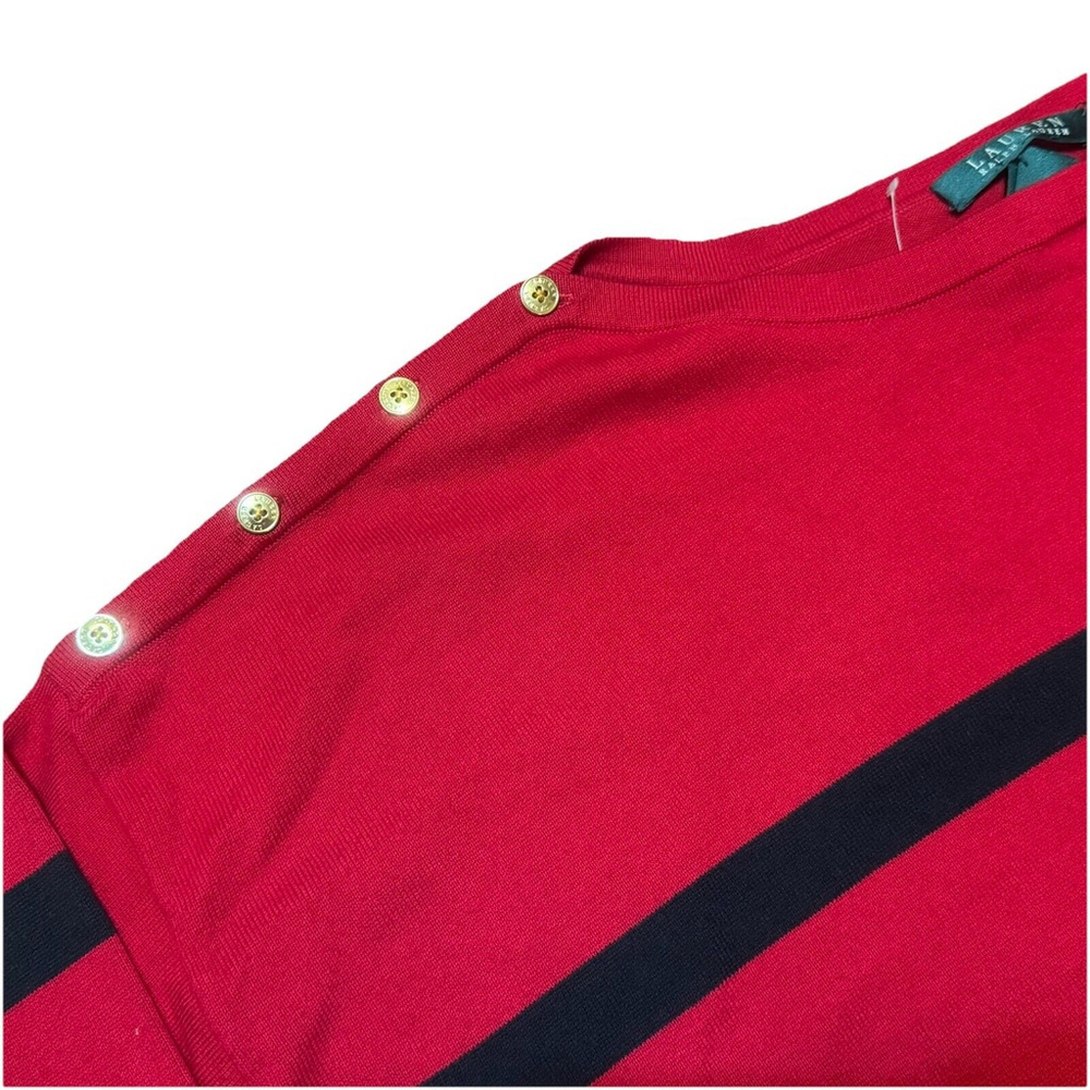 NWT Lauren Ralph Lauren Red/Black Stripe Sweater Size:3X Gold Buttons Crew Neck - Picture 4 of 12